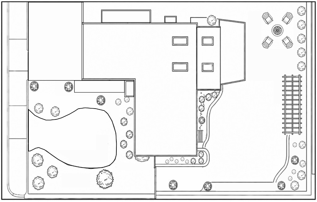 Bird's-eye line drawing of the South Yukon lot — L-shaped house, west lawn and beds, backyard fire seating, pergola, and planting pockets